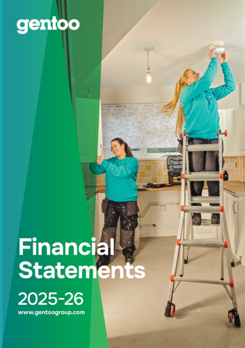 Front cover of Gentoo’s Financial Statements 2025–26 report. The image shows two property maintenance colleagues working in a kitchen. One colleague is standing on a ladder installing or testing a smoke alarm on the ceiling, while the other is working beside kitchen units.