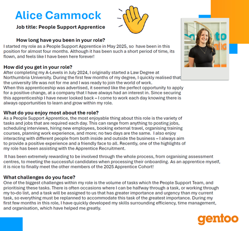 Read about Alice, a People Support Apprentice