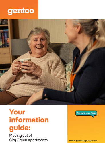 Screenshot of front page of customer information leaflet showing two ladies sitting smiling at eachother